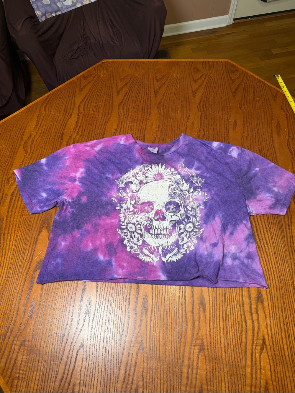 No Boundaries XL 16-18 Purple Tie Dye Skull Floral Butterfly Crop Top T Shirt